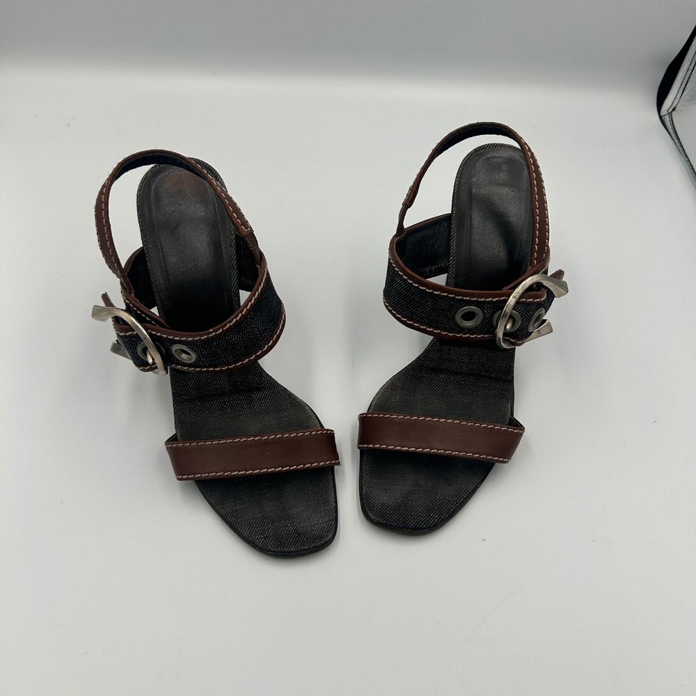 Prada Buckle Heel Sandals Womens 37.5 Brown Blue Denim Leather Block Heel Italy